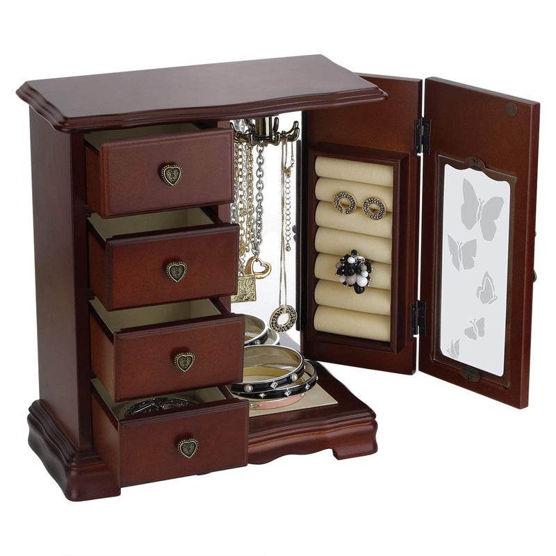 RR ROUND RICH DESIGN صندوق مجوهرات خشبي صلب بتصميم دائري فاخر مع 4 أدراج وحامل قلائد مدمج ومرآة باللون البني - Image 2